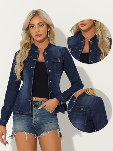 Allegra K Casual Denim Jacket for Women's Classic Stand Collar Long Sleeve Jean Jacket2
