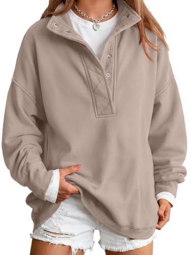 Image of Trendy Queen Womens Oversized Sweatshirts with Snap Button Henley Collar