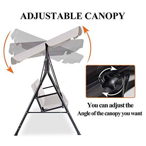 Coveronics 3-Person Porch Swing Chair, Adjustable Canopy Outdoor Swing With Steel Frame, 440 Lbs Patio Swing For Yard, Lawn, Garden, Pool, Indoor (Beige) #TOP3