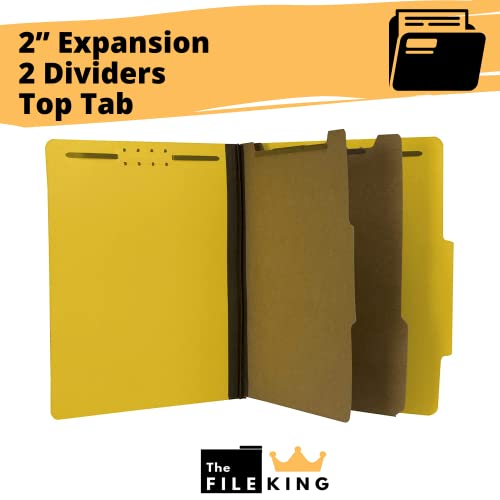 The File King Two Divider Pressboard Classification Yellow File Folder - Letter Size | Box Of 10 | 2/5 Roc Top Tab | 2” Expansion | Six 2-Inch Fastener Prongs | Made In America #TOP2