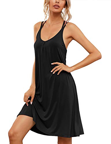 AKEWEI Nightgown Women's Summer Spaghetti Strap Casual Sleepwear Plus Size Sexy Modal Sleeveless Nighties Soft Racerback Chemise Black XXL