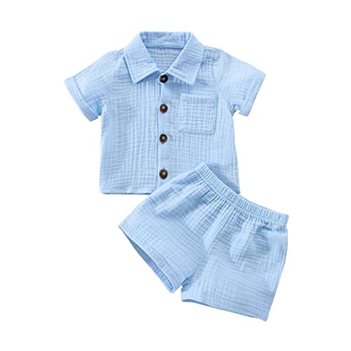 Baby Boys Clothes Set Toddler Infant Boys Button-Down Shirt Tops + Cotton Gauze Shorts Summer Outfit 2PCS with Pockets (Blue, 12-18 Months)