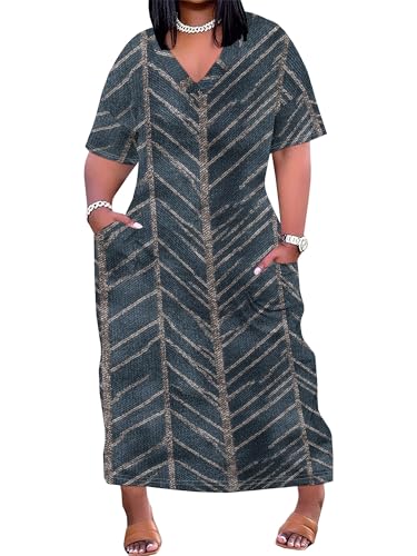 Image of SUZONANA Plus Size Denim Print Maxi Dresses for Women Casual V Neck Short Sleeve with Pockets Soft Jean Look Dress XL-6XL