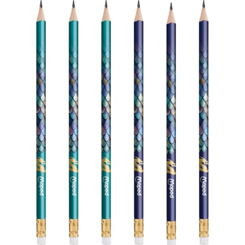 Maped DRAGON HB Bleistifte 6er Set – ergonomische Dreikant Bleistifte mit Radiergummi, stoßfeste Mine, Schulbleistifte für Schule, Zeichnen & Schreiben, mystisches Design