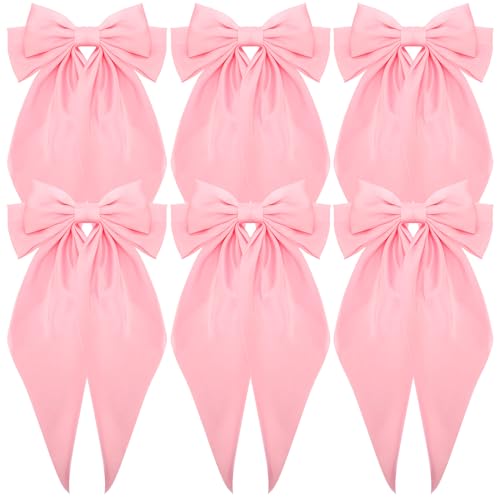 Hapdoo 6PCS Hair Bows for Women, Pink Satin Hair Bow Hair Barrettes Clip Bowknot with Long Tail, Large Soft Hair Clips with Bow French Barrette Hairpin Accessories for Girl