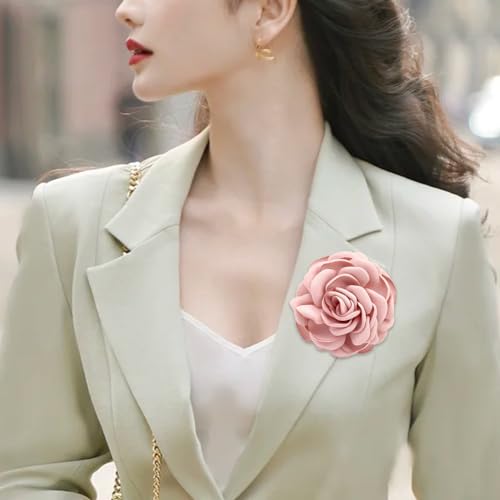 Image of Elegant Satin Fabric Rose Flower Brooch Pin Silk Large Big Camellia Brooch Lapel Pins Plant Floral Hair Clip Pins Wedding Party Jewelry for Women