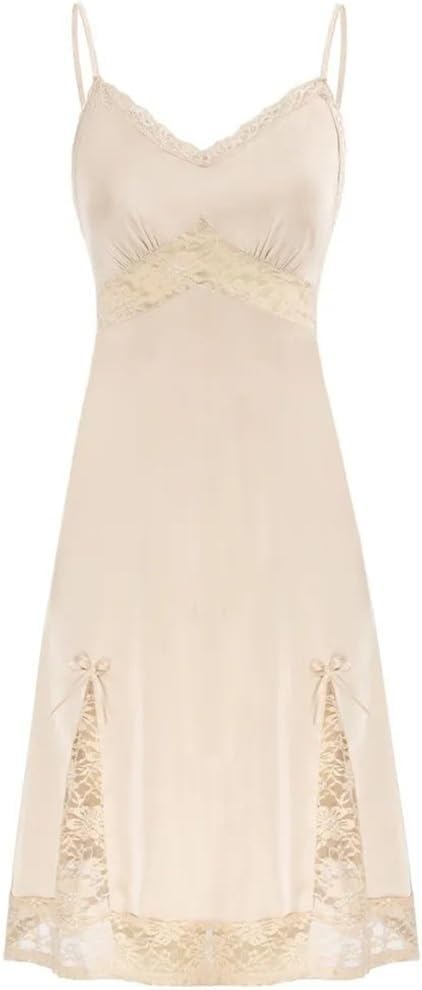 Women's Lace Full Lining Cotton V-Neck Pajamas Pajamas Thin Strap V-Neck A Line Slip Skirt(Beige,X-Large)