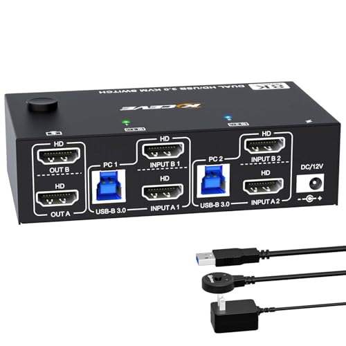 Sincronizador Para 2 Monitores Y 2 Ordenadores, 8K@60Hz, Conmutador KVM HDMI USB 3.0 Para Dos Monitores Con 4 Puertos, Mando A Distancia Con Cable Y Cables
