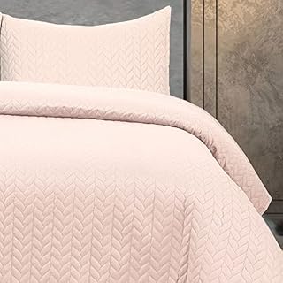 Linen Home - Charlotte Quilted Bedspreads King Size 245x260cm - 3Pcs Blush Quilted Throw Set Soft Microfiber Lightweight Coverlet with 2 Pillowcases 50x75cm for All-Season (Blush, 245x260cm)