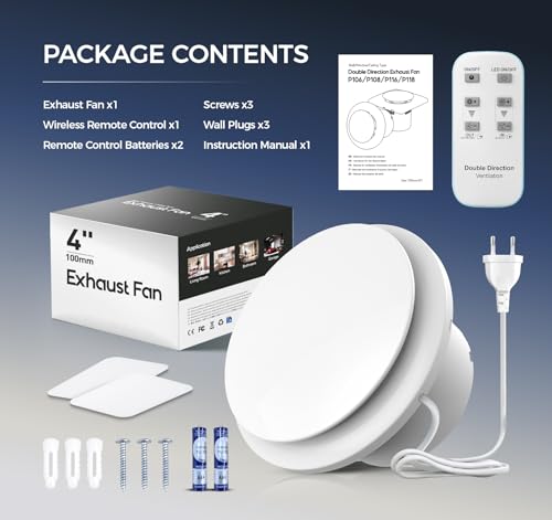 SBONNI Abluftventilator 100mm - 11 Lichteffekte, 2 Richtungen Ventilaton, 6 Geschwindigkeiten, Leiser Badlüfter mit Fernbedienung, Leistungsstarker Lüfter Badezimmer für Bad Küche WC Garage Kelle