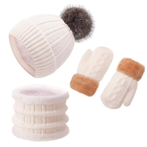 Image of Kids Winter Beanie Hat Gloves Scarf Set 1-10 Years Old Girls Boys Mittens Knit Neck Warmer Warm Fleece lining