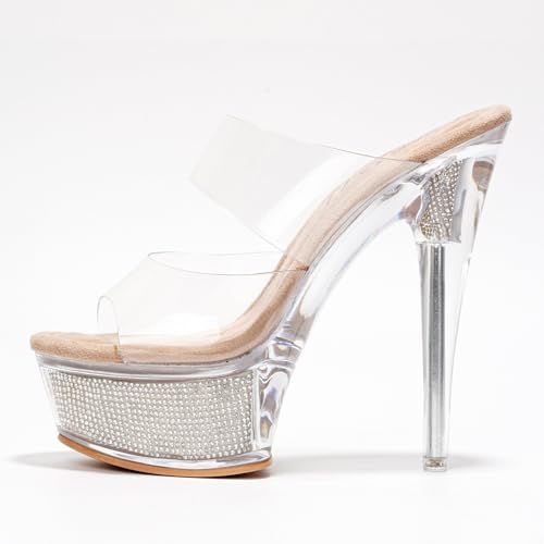 Women's Clear Platform Stiletto Heels | Slip-On Rhinestone Transparent Straps, Round Toe (Ferrara)3