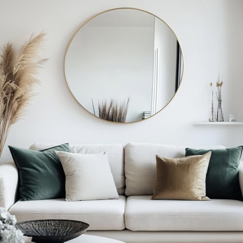 Image of Oruii Gold Round Mirror 28 inch, Large Golden Circle Mirror Metal Frame, Large Brass Circular Mirrors for Living Room, Dining Room, Entryway, Hallway, Foyer, Bathroom, Wall