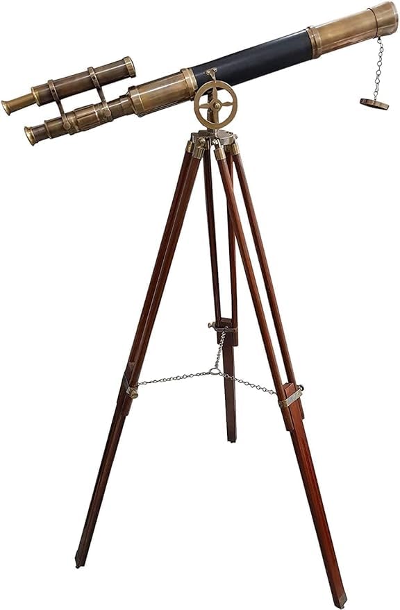 Telescopio in pelle nera stile nautico Marittimo Ottone Antico Doppio Barrel Designer Telescopio W/Treppiede in legno Telescopi da terra