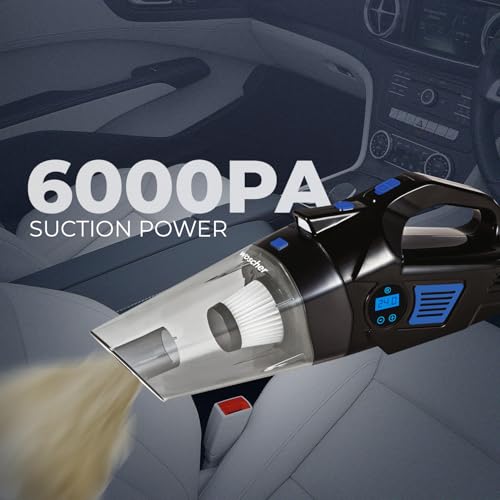 Image of WOSCHER AirVac Pro+ 3in1 USB Rechargeable Car Vacuum Cleaner Cordless,Tyre Inflator,150 PSI Digital Air Pump for Car Tyre|120 Watt Car Vacuum Cleaner High Power 6000PA |LED Light| Auto Shut Off