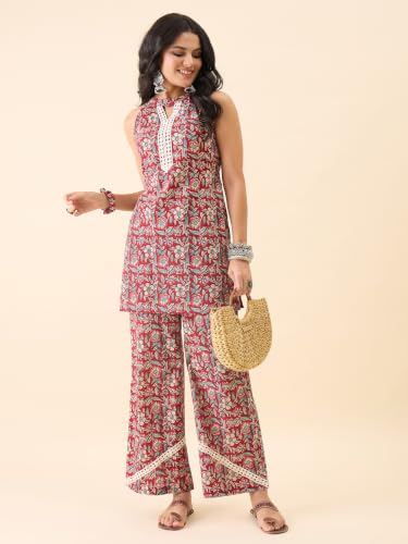 Image of Women's Floral Printed Kurti and Palazzo Set | Sleeveless Ethnic Co-Ord Set