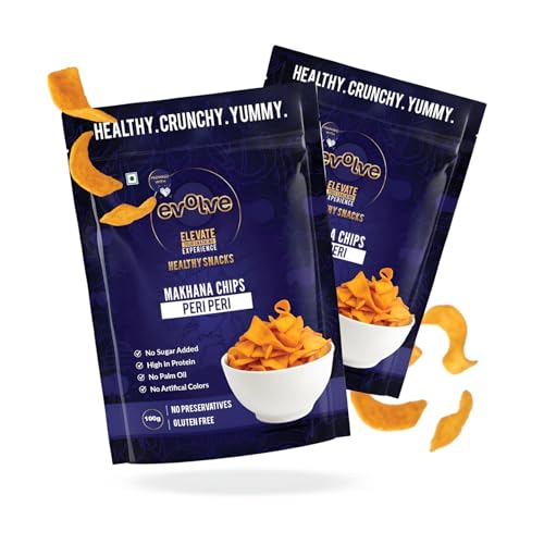 Image of Evolve Makhana Chips Healthy Snacks for Kids, Adults, Gluten Free, Low Calorie, No Palm Oil, Vacuum Fried, Peri Peri Flavor - 100g Pack of 2