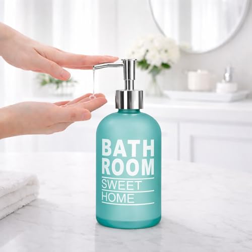 Image of Luxe Home International Bathroom Sweet Home Print Glass Soap Dispenser for Bathroom and Kitchen Sink Leak Proof Liquid Hand Wash Round Bottle Lightweight Smooth Finish (19.5x7.5 cm Aqua) Pack of 1