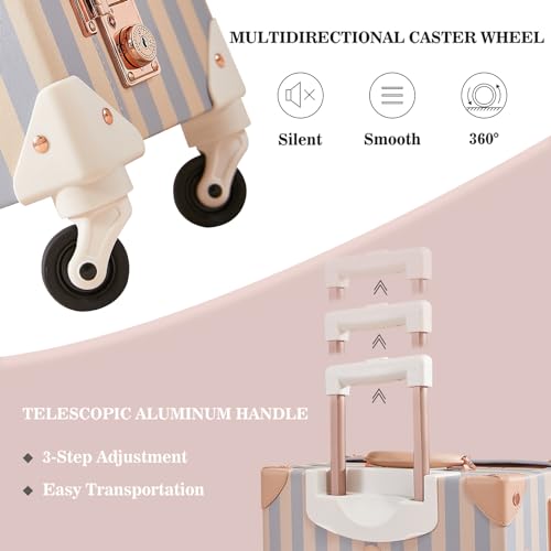 Image of UNIWALKER Vintage Suitcase Set, 3 Piece Retro Spinner Trunk, TSA-Approved Travel Luggage with Cosmetic Train Case for Women, Blue Strip, 26 inch+20 inch+12 inch