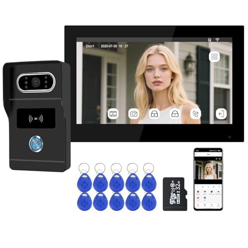 QttyElok Videoportero 2 Hilos HD 1080P Tuya WiFi Sistema de Intercomunicación de Vídeo, Cámara y Monitor Táctil a Color, Visión Nocturna, Desbloqueo con Tarjeta RFID/APP (Nero + Nero)