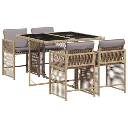 QJBSAVVA Salon de jardin 5 pièces avec coussins, en polyrotin pour jardin et terrasse, en forme de cube, peu encombrant, table en verre et 4 fauteuils de...