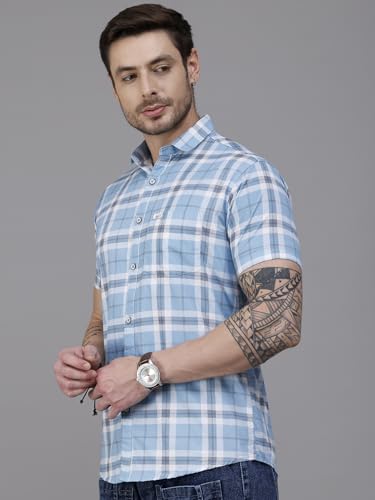 Image of Majestic Man Men Slim Fit Pure Cotton Checkred Half Sleeve Casual Shirt