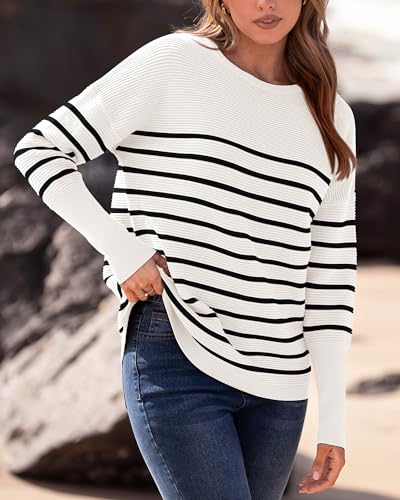 BTFBM Fall Sweaters for Women 2025 Casual Long Sleeve Sweater Striped Loose Fit Pullover Tops
