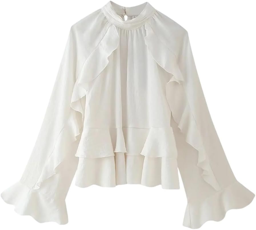 Women's Ruffled High Neck Flared Sleeve Casual Shirt Beige S(4)