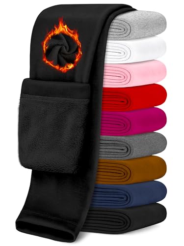 Guicizi Warm Leggings for Girls Winter Fleece Pants Thick Thermal Pants for Toddler Kids Teen Soft Basic Girls Warm Leggings Full Length, Black 7-8Y