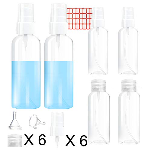 Plastic Clear Spray Bottle with 32 Labels 2 Funnels Extra Replaceable Caps Refillable Empty Containers Fine Mist Sprayer Bottles Plastic for Essential Oils Aromatherapy Travel Perfumes (6 Pack 100ml)