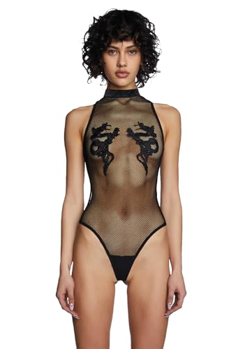 Dolls Kill Bad Luck Dragon Fishnet Bodysuit by Club Exx – High Neck Bodysuit with Embroidered Dragon Accents