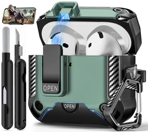 Image of for AirPods 4 Case with Lock & Phone Stand(Green) | Automatic Snap Switch Lock,Carbon Fiber Texture Design Cover with Cleaner Kit