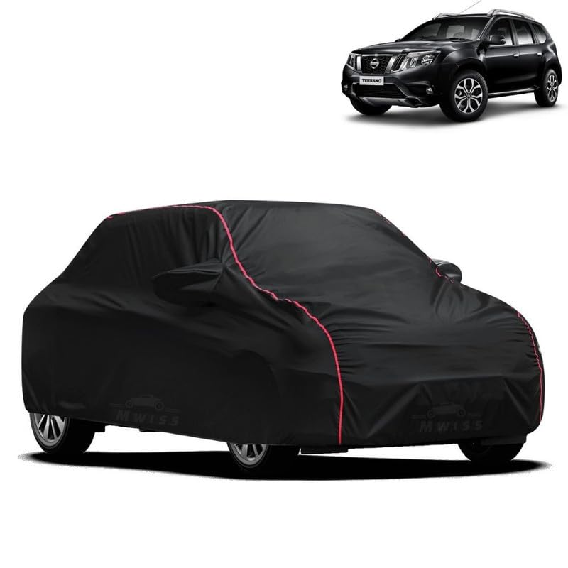 Image of Waterproof Car Cover for Nissan Terrano | All-Weather Protection, Dustproof & UV Resistant | Triple Stitched Mirror Pockets, Windproof Buckle Strap with Elastic Hem, Black-Red Piping