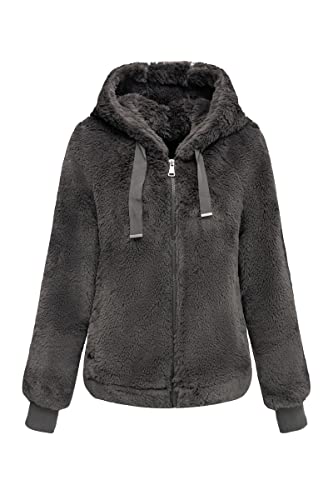 BELLIVERA Manteau en Fausse Fourrure pour Femme en Molleton D'hiver Court et Chaud, Duveteux et flou Sherpa en Peau de Mouton Avec Capuche 1712014 Gris M Cover