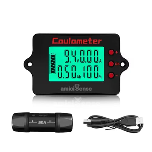 Image of amiciSense Coulomb Counter Meter 8-120V 50A - True Battery Capacity Meter with Bi-Directional Detection, Voltage /Current /Ah Display, Splash-Proof Panel - Compatible with Lithium, Lead-Acid & More