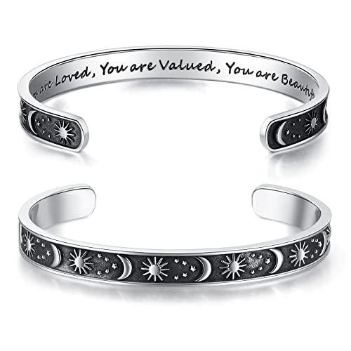 TONY & SANDY You Are Loved Valued Beautiful Inspirational Birthday Mothers Day Gifts Cuff Bracelet Bangle Sun Moon Mantra Quote Positive Saying Inscription Engraved Stainless Steel Motivational Friendship Jewelry Birthday C istmas Present for Women