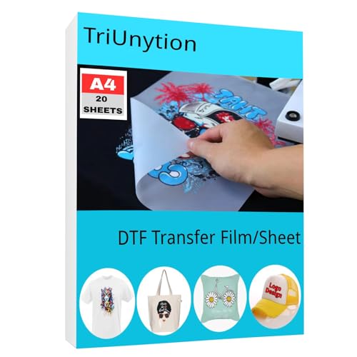TriUnytion DTF Película de Transferencia A4 (21 x 29,7 cm), Doble Cara Mate Papel de Transferencia DTF Transparente Pet, Papel Transfer para Camisetas, Textil, Ropa, Sombrero (20 Hojas)