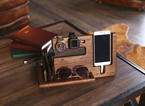 Teslyar Natural Oak Wood Phone Docking Station Recess Key Holder Wallet Stand Magnetic Watch Charger Slot Organizer Men Gift Husband Wife Anniversary Dad Birthday Nightstand Tablet Father Graduation