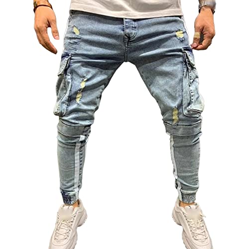 Maiyifu-GJ Men's Multi Pockets Ripped Jeans Destroyed Skinny Denim Pencil Pants Side Stripe Slim Jean Trousers with Holes (Light Blue,X-Large)