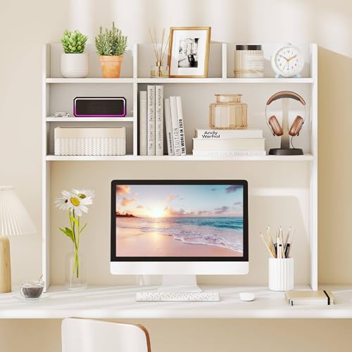 Image of Tangkula Desktop Bookshelf for Computer Up to 32 inch, 37 inch Countertop Storage Hutch with 6 Storage Shelves, 3-Tier Desktop Organizer Display Rack, Wooden Desk Hutch for Dorm Home Office (White)