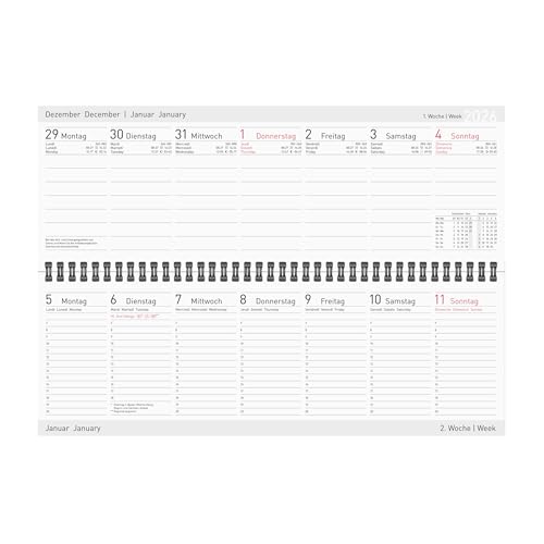Idena 12059 - Tischkalender 2026 quer im Format 29,8 x 10,5 cm, pro Woche 2 Seiten, Schreibtischkalender mit Jahresübersicht und Spiralbindung