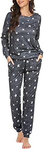 Ekouaer Womens Pajama Set Long Sleeve Sleepwear Star Print Cotton Nightwear Soft Pjs Lounge Sets with Pockets (A-Dark Grey White Star Small)