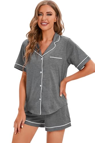 Image of LUBOT 100% Cotton Pajamas for Women 2 Piece PJ Set Button-Down Soft Knit Short Sleeve Summer Sleepwear Loungewear XS-XXL