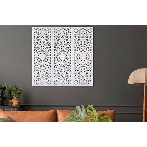 Bedding Craft Wall Panel, Wood Wall Art,Wooden Wall Art,Wood Wall Panel,Wall Art Wooden Décor,Wooden Wall Décor,Carved Wood Wall Décor Art 36x36 inch white.(12x36- Set of 3) Cover