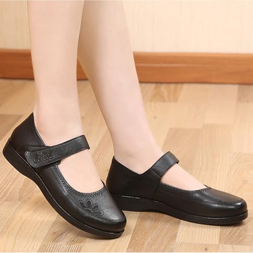 Women's Genuine Leather Mary Jane Flats Comfy Round Toe Adjustable Hook and Loop Soft Bottom Ballets Lightweight Non-Slip Mom Walking Shoes 6