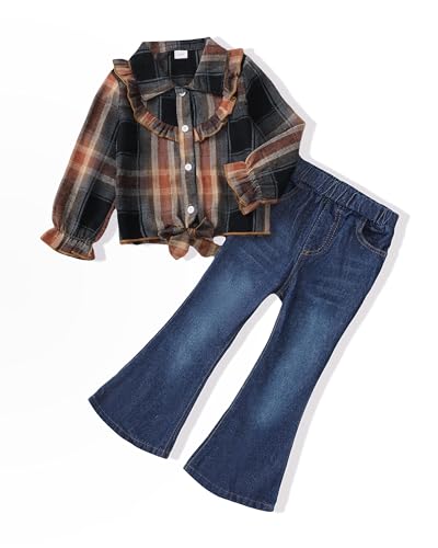 Image of Renotemy Kids Little Toddler Girl Clothes Button Down Tie Front Shirt + Bell Bottoms Jeans Girls 2 Piece Outfits Clothing Set