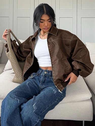 Chic and Cozy: Women's 2025 Fall Winter Coffee Brown PU Leather Jacket - Small Size - Image 4