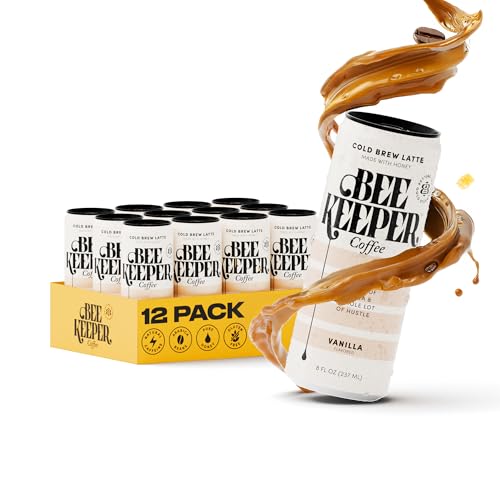 Image of Beekeeper Vanilla Latte Cold Brew Coffee Drinks with Oregon Honey | 12 Pack Refreshing Iced Coffee - Unsweetened & Strong Arabica Brew, 8 fl oz Ready-to-Drink Can - 180mg Natural Caffeine