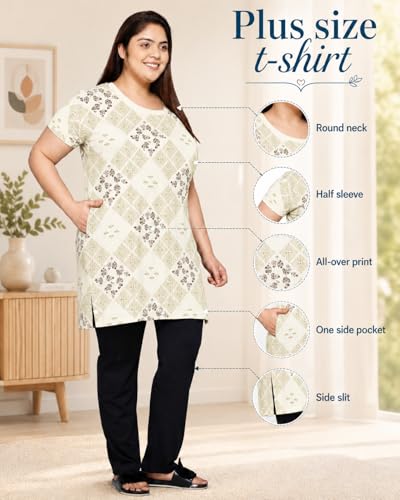 Image of In Love Women's All-Over Printed Cotton Plus Size Longline T-Shirt with Pockets