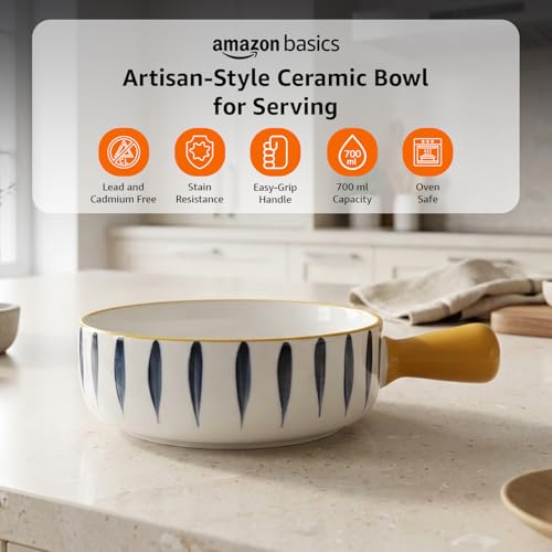 Image of Amazon Basics Ceramic Snack Bowl with Handle | White & Blue Serving Bowl with Yellow Handle | Microwave & Dishwasher Safe Big Bowl Perfect for Snacks, Noodles, Salads, Soup, Baking (700ml)
